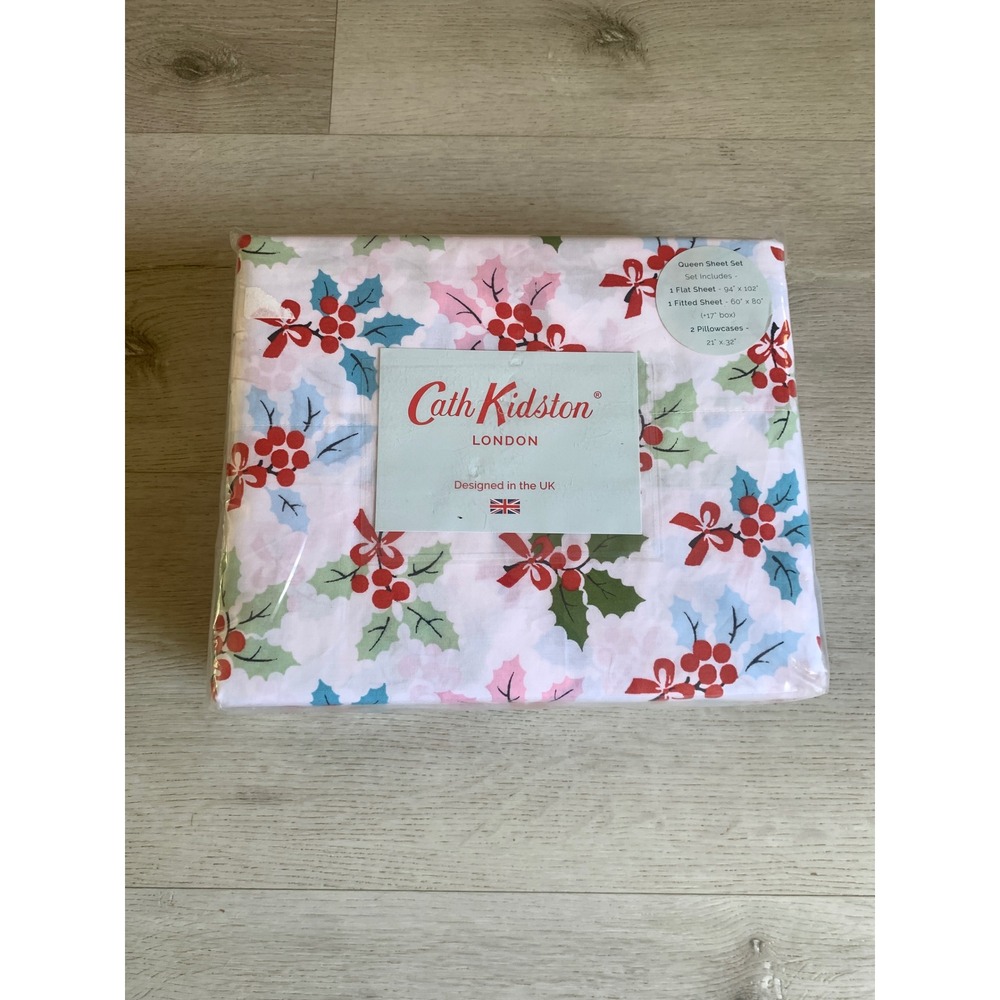 Cath Kidston Queen Sheet Set Holly Berry Christmas Holiday Floral 4‎ Piece NEW